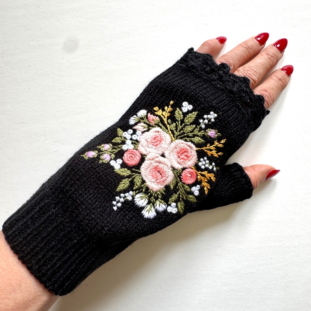 Black Mittens Fingerless Gloves with Pink Floral Design - Picture 6 of 8